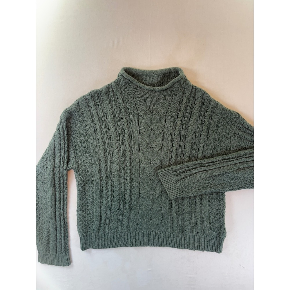 J.Crew Mens Cable Knit Mock Neck Sweater Sage Green Cotton Blend BV793 Medium